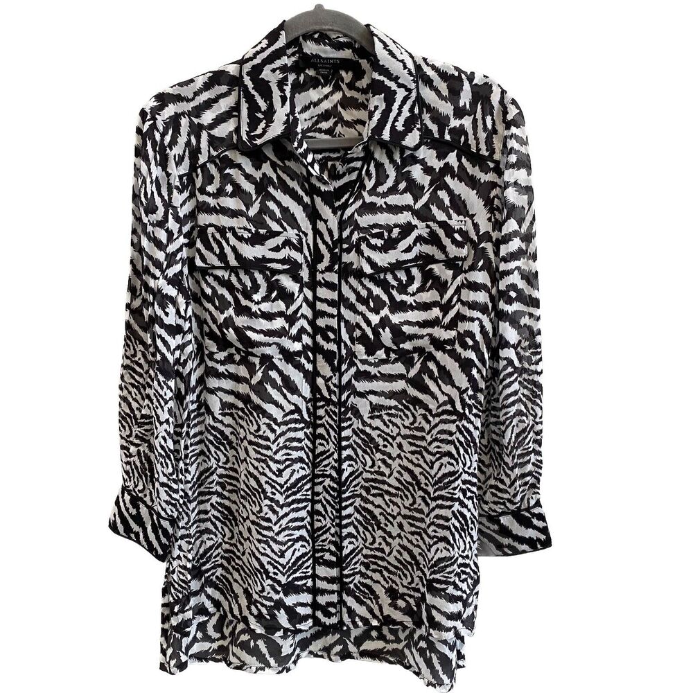 All Saints Black White Esther Remix Zebra Animal Print Women’s Blouse Top Medium